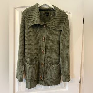 Size medium-Tally Ho brand long cardigan sweater -shawl collar,wood buttons